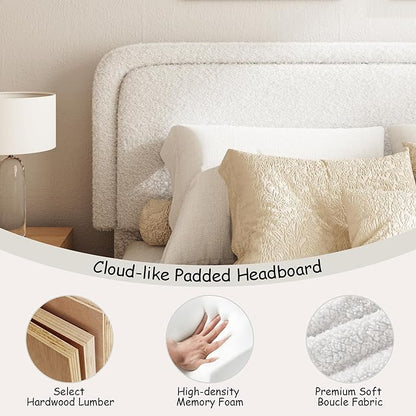 King Size Boucle Bed Frame, Cloud Upholstered Platform Bed with Height Adjustable Headboard & Soft Rounded Corners, No Box Spring Needed, Noise Free, Easy Assembly, White