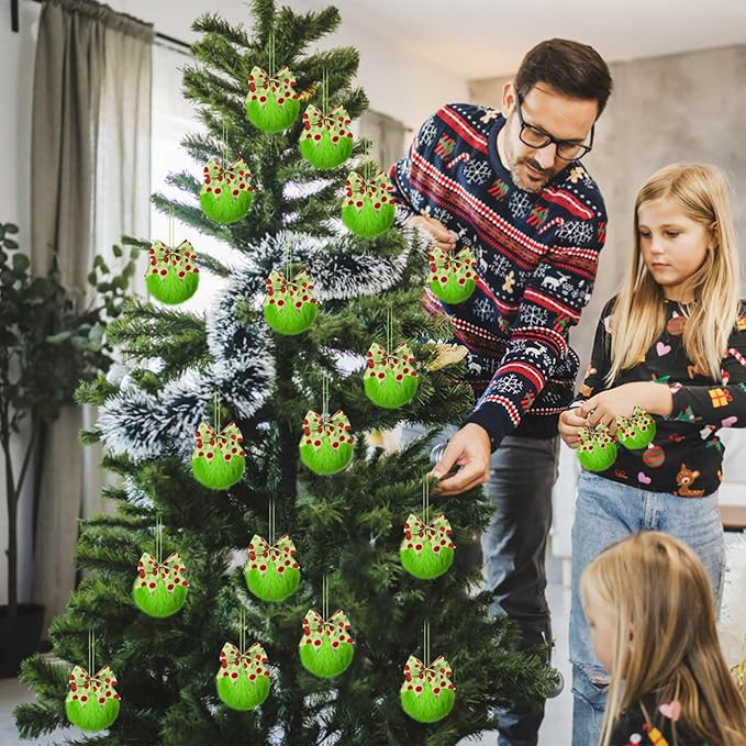 12 Pcs Furry Christmas Ball Ornaments with Bow, Lime Green Ball Ornaments for Christmas Tree Decorations Set, Hanging Pom Pom Xmas Party Supplies (Polka Dot, 2.36")