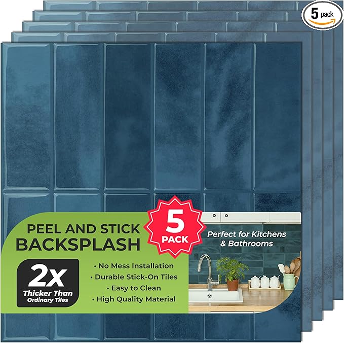 5 Pack Peel and Stick Backsplash Subway Tiles, Extra Thick 3D Wall Panels, Heat & Water Resistant, Easy DIY Kitchen, Bathroom, Laundry, Fireplace & Rental Home Wall Décor (12 x 12 in), Blue