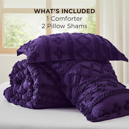 Bedsure Tufted Boho Comforter Set Queen Size - Purple Boho Bed Set, GentleSoft™ 3 Pieces Farmhouse Shabby Chic Embroidery Bedding, Gifts for Woman, Soft Jacquard Queen Comforter for All Seasons