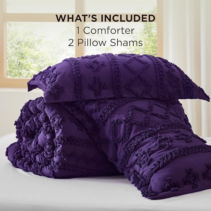 Bedsure Tufted Boho Comforter Set California King - Purple Boho Bed Set, GentleSoft™ 3 Pieces Farmhouse Shabby Chic Embroidery Bedding, Gifts for Woman, Soft Jacquard Comforter for All Seasons