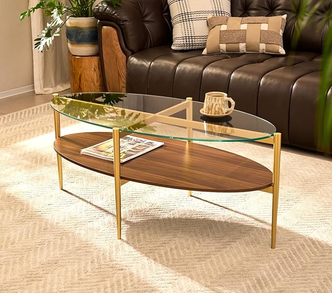 AGV LIGHTING Oval Coffee Table, Mid-Century Modern Coffee Table, Glass Coffee Table, Glod Finish Legs, Thick Tempered Clear Glass Top with Walnut MDF Shelf