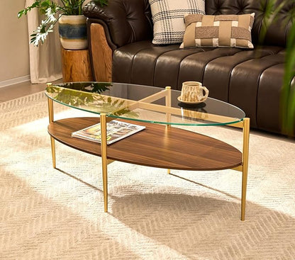 AGV LIGHTING Oval Coffee Table, Mid-Century Modern Coffee Table, Glass Coffee Table, Glod Finish Legs, Thick Tempered Clear Glass Top with Walnut MDF Shelf