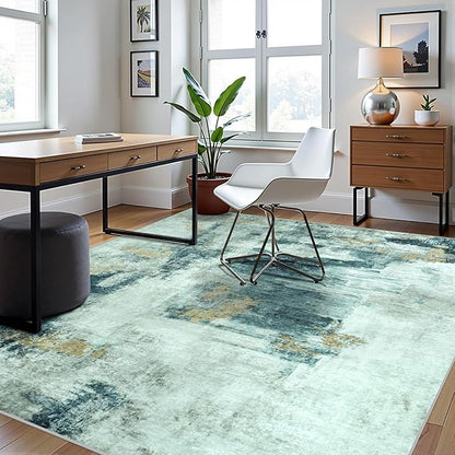 8x10 Area Rugs for Living Room Rug Washable: Abstract Large Rug for Dining Room Bedroom Carpet Non Slip 8 by 10 Indoor Modern Nursery Home Office Teal Grey Gold