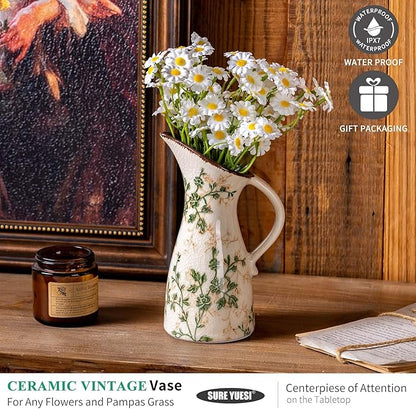 Green and Beige Pitcher Vase, Handcrafted Pastoral Ceramic Floral Vase, Vintage Farmhouse Flower Vase for Home Decor, Chinoiserie Tuscan Cottage Core Decor, Rustic Table Centerpiece 7.3 in
