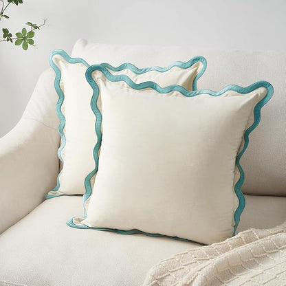 MONDAY MOOSE Decorative Throw Pillow Covers Cushion Cases, Set of 2 Soft Velvet Scalloped Wavy Edge Designs, Mix and Match for Home Decor, Pillow Inserts Not Included (White/Light Blue, 18x18 inch)