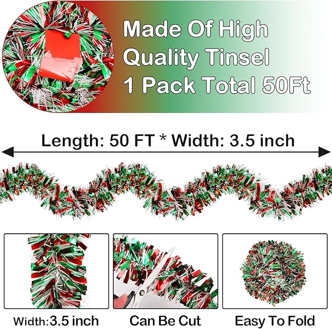 50 FT Christmas Tinsel Garland Metallic Tinsel Twist Shiny Christmas Tree Hanging Garland Decorations for Christmas Party Supplies Indoor and Outdoor Decor (Red, Green and White)