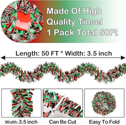 50 FT Christmas Tinsel Garland Metallic Tinsel Twist Shiny Christmas Tree Hanging Garland Decorations for Christmas Party Supplies Indoor and Outdoor Decor (Red, Green and White)