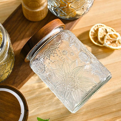 24oz Vintage Glass Canister With Lid Small Glass Jars Wide Mouth Mason Jars Airtight Coffee Canisters Kitchen Storage Containers For Sugar Tea Spice Flour Candy Cookie Cereal Cute Decorative