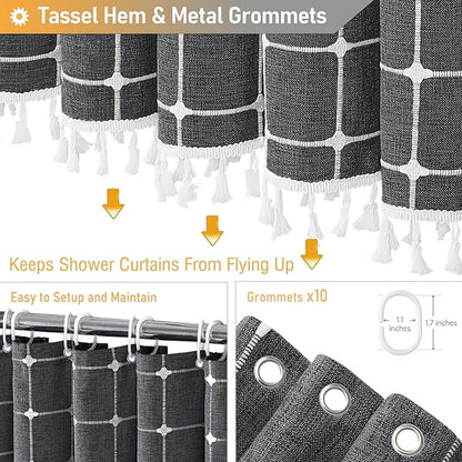 BTTN Stall Fabric Shower Curtain - 54x78 Inches Boho Linen Heavy Duty Tassel Shower Curtain Set with 10 Hooks, Narrow Rustic Modern Farmhouse Neutral Thick Shower Curtains for Bathroom - Charcoal Grey