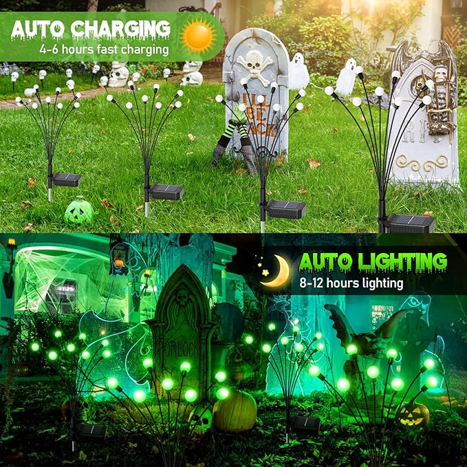 6Pack 48 LED Halloween Decorations Outdoor -LETMY Upgraded Swaying Solar Lights Outdoor, Waterproof Solar Firefly Lights Solar Halloween Lights for Pathway Yard Garden Decorations (Green)