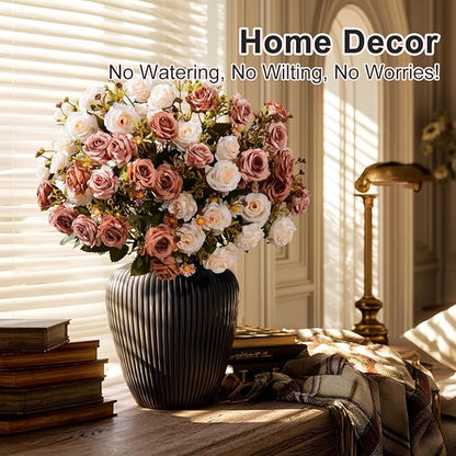 Artificial Flowers for Outdoor 4 Bundles Rose Bouquet with Daisy Faux Flowers UV Resistant for Home Indoor Outside Garden Porch Window Box Balcony Yard Porch Decor (White+Brown)