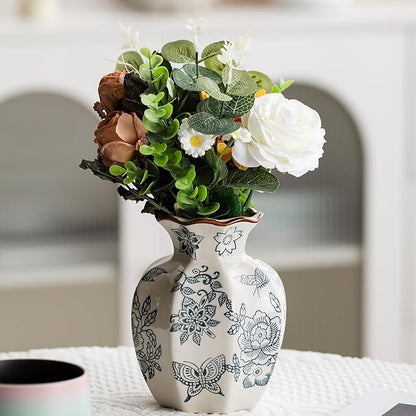 Blue and White Vase, Vintage Blue Ceramic Flower Vessel,Ceramic vases for Home Decor,Vintage Green and Beige for Console Table Mantle Chinoiserie Decor (Retro-02, Small)