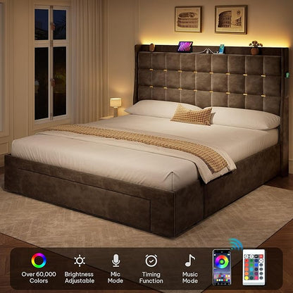 DWVO Queen Size Bed RGB LED Lights, Velvet Upholstered Platform Bed, Grey