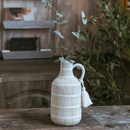 Farmhouse Vase with Handle and Tassel, Grey Yellow Vertical Stripes Design Clay Vase 10'' Tall - Ceramic Flower Vase for Rustic Home Decor, for Fireplace Kitchen Living Room Centerpieces