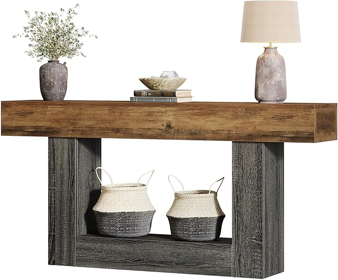Tribesigns 63-Inch Long Console Table, 2-Tier Entryway Table Sofa Table with Storage, Farmhouse Wood Behind Couch Tables for Living Room, Hallway, Rustic Brown & Gray
