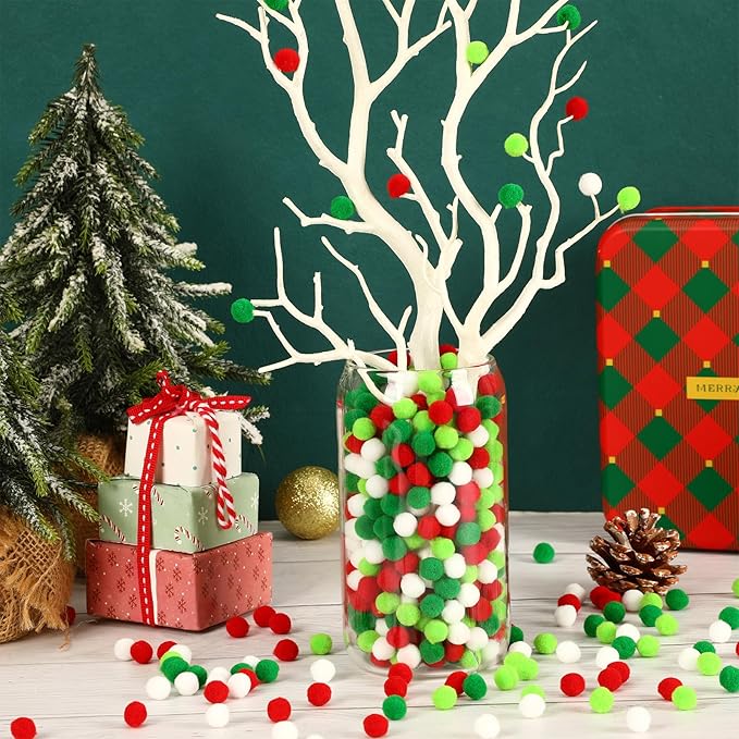 SEPGLITTER Christmas Pom Poms Balls, 1000 Pieces Red Light Green White Mini Pompoms for Crafts Making DIY Art Holiday Christmas Decorations Supplies (4 Colors, 1cm )
