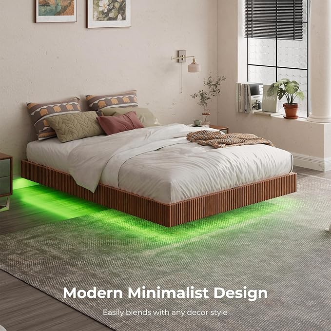 Evermagin Walnut Full Floating Bed Frame with led Lights, Mid Century Modern Fluted Floating Platform Bed No Headboard, Heavy Duty Metal Float Bedframe, No Box Spring Needed