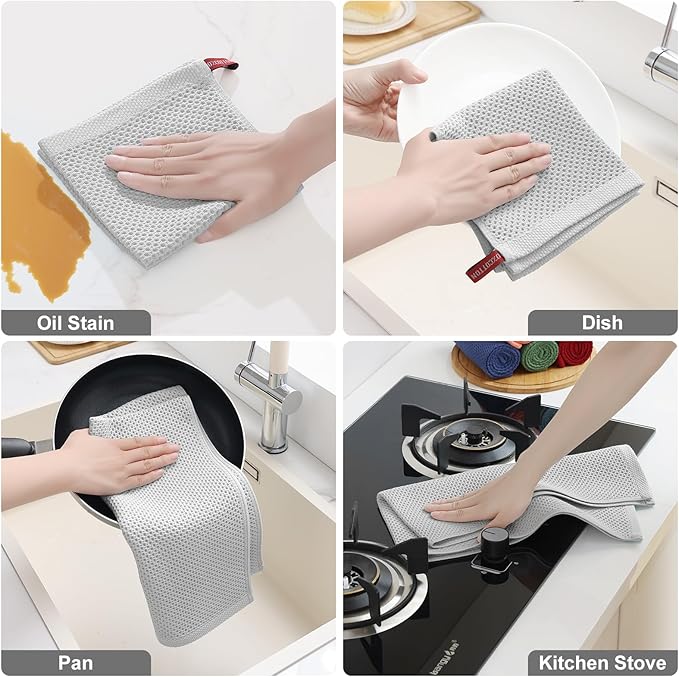 Homaxy 100% Cotton Kitchen Towels and Dishcloths Set, 12 x 12 Inches and 13 x 28 Inches, Set of 16 Bulk Kitchen Towels Set, Ultra Soft Absorbent Dish Cloths for Washing Dishes, Light Gray