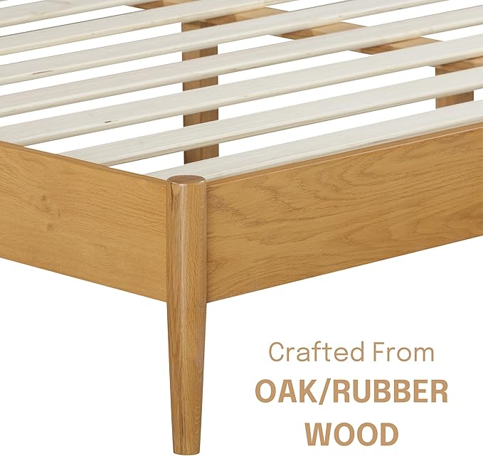 NTC Lupin Wooden Bed Frame with Headboard, Solid Oak and Rubber Wood Foundation with Silent Slats and Wood Central Supports, 1000 Lb Capacity, Effortless Assembly, Queen - Rustic Oak