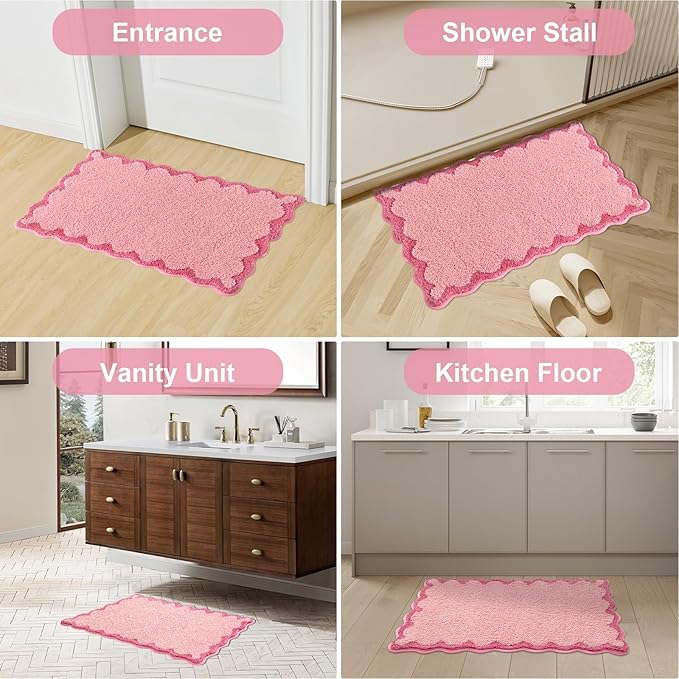 ORTIGIA Small Pink Scalloped Bath Mat, Cute Plush Microfiber Scallop Bathroom Rugs Non Slip Washable Quick Dry Absorbent, Bathmat for Shower Stall Vanities Kitchen Floor Entrance, 17x24
