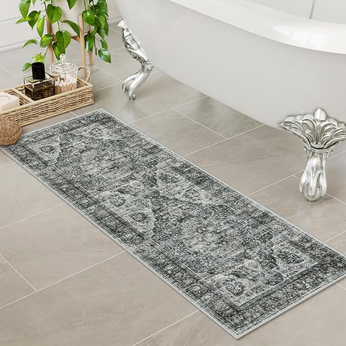 Uphome Brown Bathroom Rugs, Distressed Farmhouse Boho Bath Mat, Non Slip Washable Soft Velvet Bath Mats for Bathroom Floor, Vintage Traditonal Bath Runner for Bathtub Sink Shower, 18x47 inch