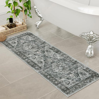 Uphome Brown Bathroom Rugs, Distressed Farmhouse Boho Bath Mat, Non Slip Washable Soft Velvet Bath Mats for Bathroom Floor, Vintage Traditonal Bath Runner for Bathtub Sink Shower, 18x47 inch
