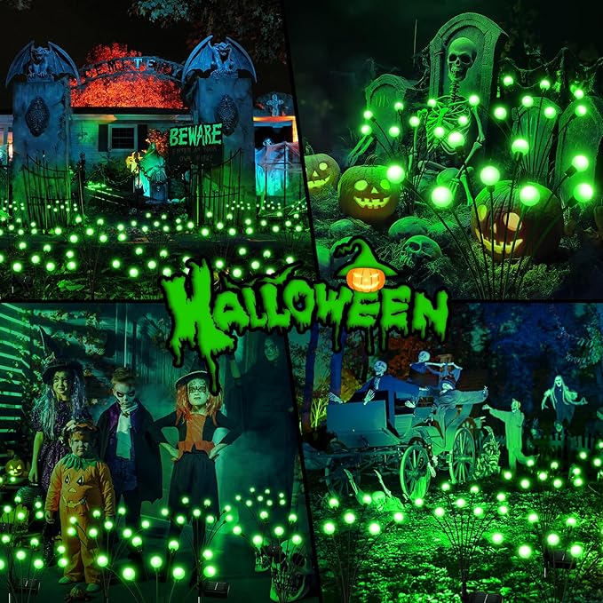 6Pack 48 LED Halloween Decorations Outdoor -LETMY Upgraded Swaying Solar Lights Outdoor, Waterproof Solar Firefly Lights Solar Halloween Lights for Pathway Yard Garden Decorations (Green)