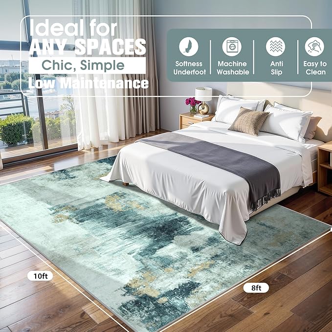 8x10 Area Rugs for Living Room Rug Washable: Abstract Large Rug for Dining Room Bedroom Carpet Non Slip 8 by 10 Indoor Modern Nursery Home Office Teal Grey Gold