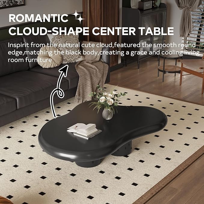 Black Cloud Coffee Table Unique Wave Shape Modern Aesthetic Living Room Fashion Coffee Table, Black