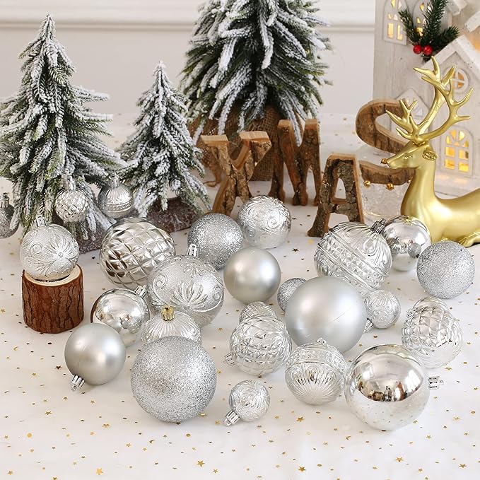 Christmas Ball Ornaments Silver Christmas Tree Decorations with Hang Rope-36pcs Shatterproof Christmas Ornaments Set with 6 Styles in 3 Sizes(Small Medium Large)