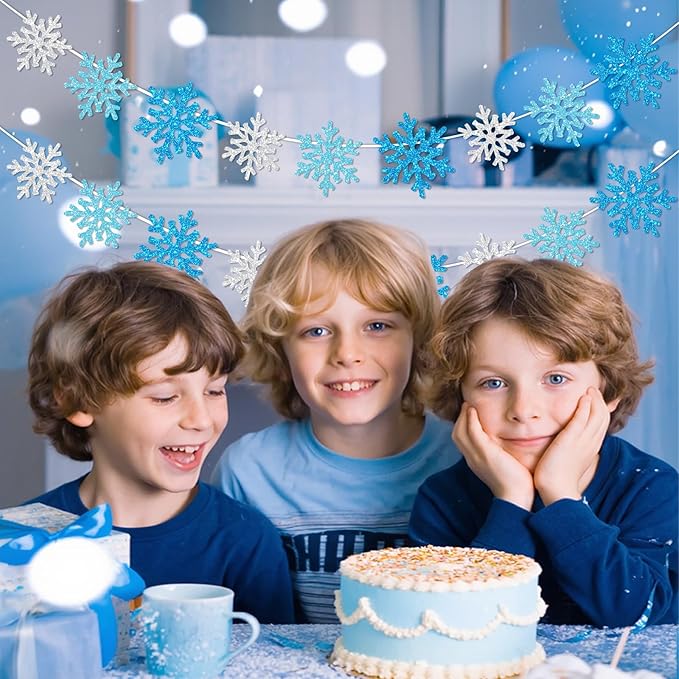 2Pack Silver Blue Snowflake Garland Winter Wonderland Decorations, Glitter Snowflake Banner for Boy Frozen Birthday Party Decorations and Christmas Baby Shower Party Supplies, No DIY.