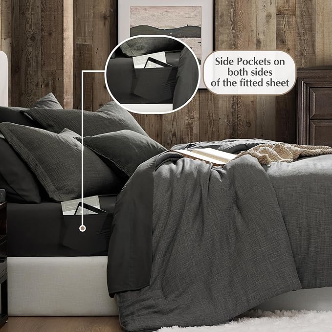 Geniospin Full Comforter Set - 7 Pieces Comforter Full Size, Solid Bedding Sets for All Season, Textured Bed in a Bag with Flat Sheet and Fitted Sheet, Pillowcases and Shams (Grey, 80''x90'')