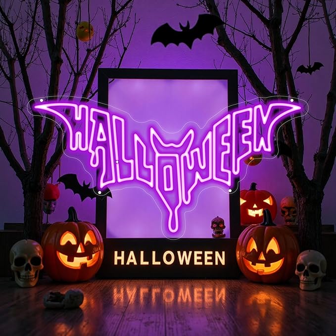 Halloween Bat Shaped Neon Sign Spooky Red LED Wall Decor For Haunted House Party Gothic Bar Room Glowing Halloween Decoration Outdoor Use Bedroom Home Decor Bar LED Decoration Light-Purple
