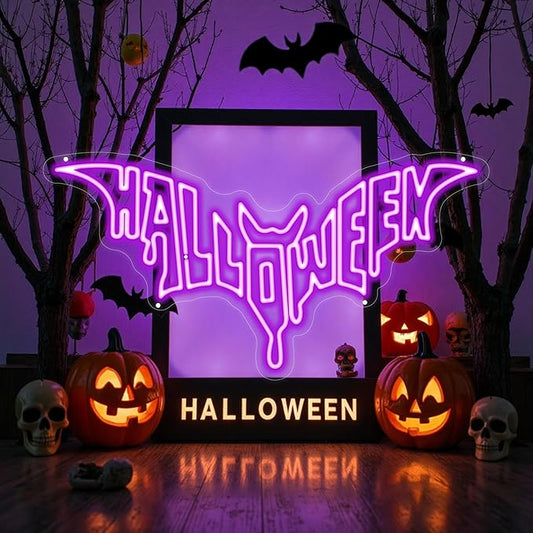 Halloween Bat Shaped Neon Sign Spooky Red LED Wall Decor For Haunted House Party Gothic Bar Room Glowing Halloween Decoration Outdoor Use Bedroom Home Decor Bar LED Decoration Light-Purple