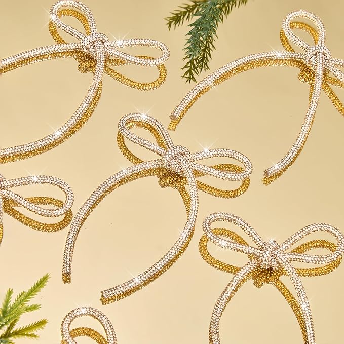 FLAIR GIFTS 12 Pcs 4.3" x 6" 2025 Christmas Bows for Tree Decor, Champagne Gold Sparkly Glitter Rhinestone Bow Ornaments with Twist Tie for Xmas Decoration, Wreath, Garland, Gift Wrapping