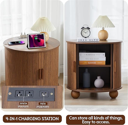 24" End Table with Charging Station, Farmhouse Round Fluted Wood Night Stand, Mid-Century Large Side Table with Storage & Sliding Door for Living Room, Bedroom (Round, Walnut)