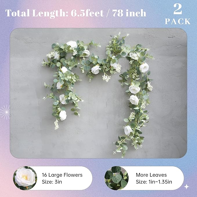 Der Rose 2Pcs Artificial Eucalyptus Flower Garland with Fake Rose Flower Vine Seeded Eucalyptus Leaves Greenery Garland for Wedding Table Runner Backdrop Party Centerpiece Decor (White-Total 13FT)