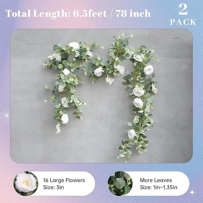 Der Rose 2Pcs Artificial Eucalyptus Flower Garland with Fake Rose Flower Vine Seeded Eucalyptus Leaves Greenery Garland for Wedding Table Runner Backdrop Party Centerpiece Decor (White-Total 13FT)