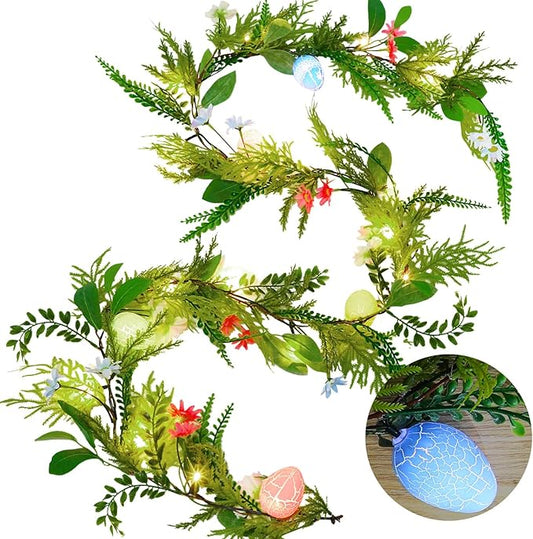 LOMIMOS 6.7FT Easter Lighted Garland,Artificial Spring Vine Branche with Easter Egg Berries Flower for Mantle Fireplace Home Table Party Decoration