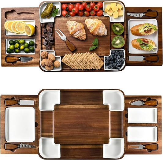 Shanik Upgraded Acacia Cheese Board Set, Square Shaped Charcuterie Set, Cheese Platter, Handcrafted Design and Stainless Set - Gift for Any Occasion No Engraving