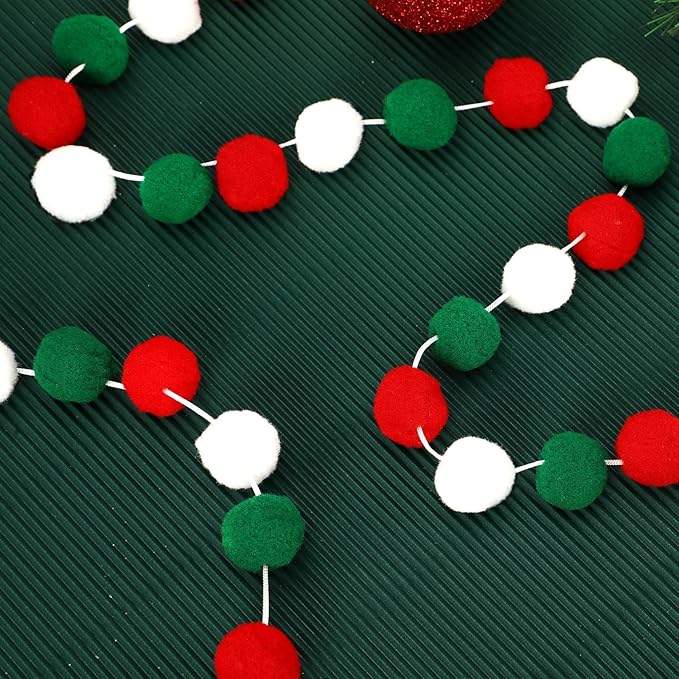 MARFOREVER 4 Pack 26.3 Feet Christmas Pom Pom Garland Ornaments Red White Green 30 Balls Garlands Christmas Felt Garland Hanging Supplies for Xmas School Classroom Fireplace Wall Home Party Decor