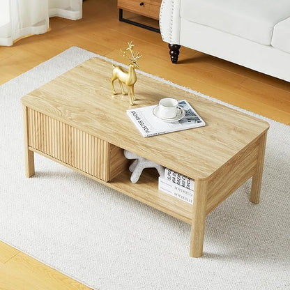 Mid-Century Modern Rectangular Wood Coffee Table with Dual Storage Shelf, Storage Center Coffee Tables with Waveform Panel Sliding Door for Living Room Apartment(Natural)