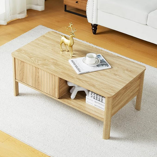 Mid-Century Modern Rectangular Wood Coffee Table with Dual Storage Shelf, Storage Center Coffee Tables with Waveform Panel Sliding Door for Living Room Apartment(Natural)