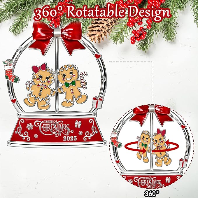Christmas Gingerbread Couple Ornaments 2025 for Tree Decorations,Dated 2025 Metal Wreath Ornament with Rotatable for Christmas Keepsake Gifts for Grandparents, Kids, Friend