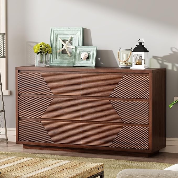 55.12" Modern Chest of Drawer, 6 Deep Drawers,Clothes Organizer,Large Storage Cabinet for Living Room, Bedroom,Dresser TV Stand, Wood Drawer Organizer for Living Room, Hallway, Walnut