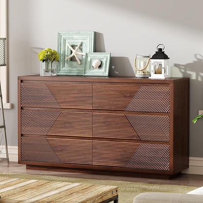 55.12" Modern Chest of Drawer, 6 Deep Drawers,Clothes Organizer,Large Storage Cabinet for Living Room, Bedroom,Dresser TV Stand, Wood Drawer Organizer for Living Room, Hallway, Walnut