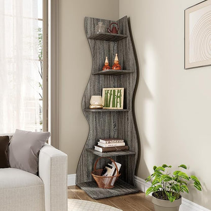 LITTLE TREE 70-Inch Corner Shelf, Seaweed Shaped Etagere Display Bookshelf, Freestanding 5-Tier Wall Shelves for Small Spaces, Living Room, Bedroom, Grey, 1 Pack