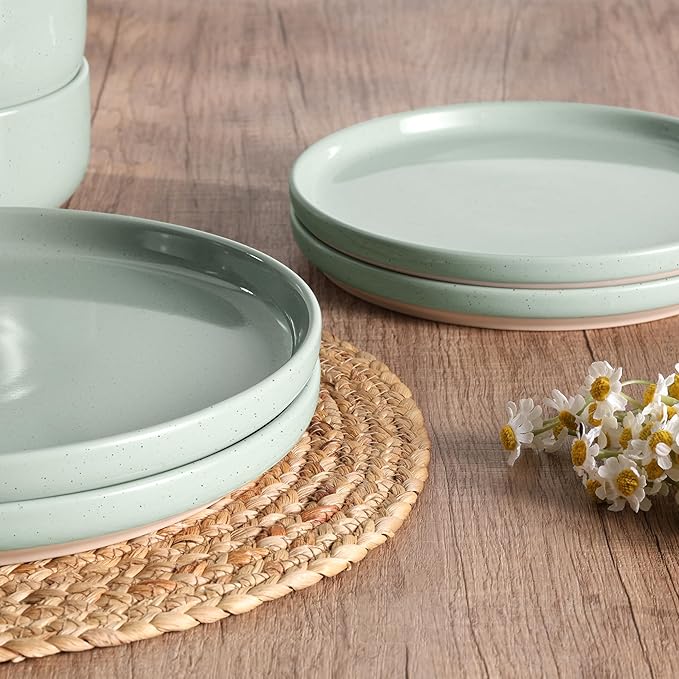 HaWare Stoneware Dinnerware Sets, 6-Piece Plates and Bowls Set for 2, Dishes Set for Home Restaurant, Speckled Asparagus Green