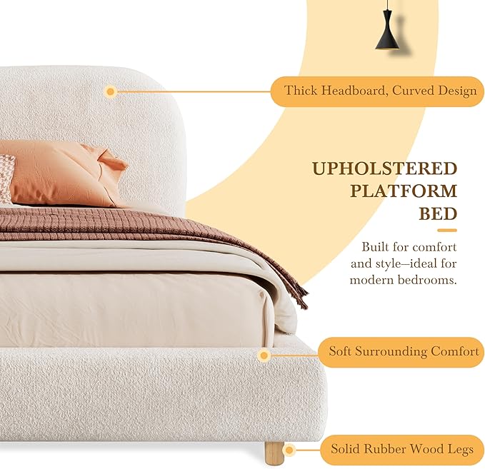King Size Bed Frame, Upholstered Cloud Boucle Platform Beds Frames with Headboard, Anti-Collision Soft Rounded Corners Footboard, No Box Spring Required, Easy Assembly (35" White, King)